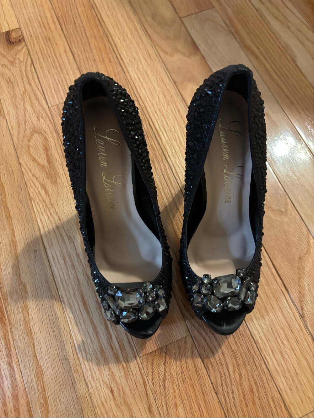 Lauren Lorraine Black Crystal Rhinestone Peep Toe Pumps Heels Size 7.5 Like New